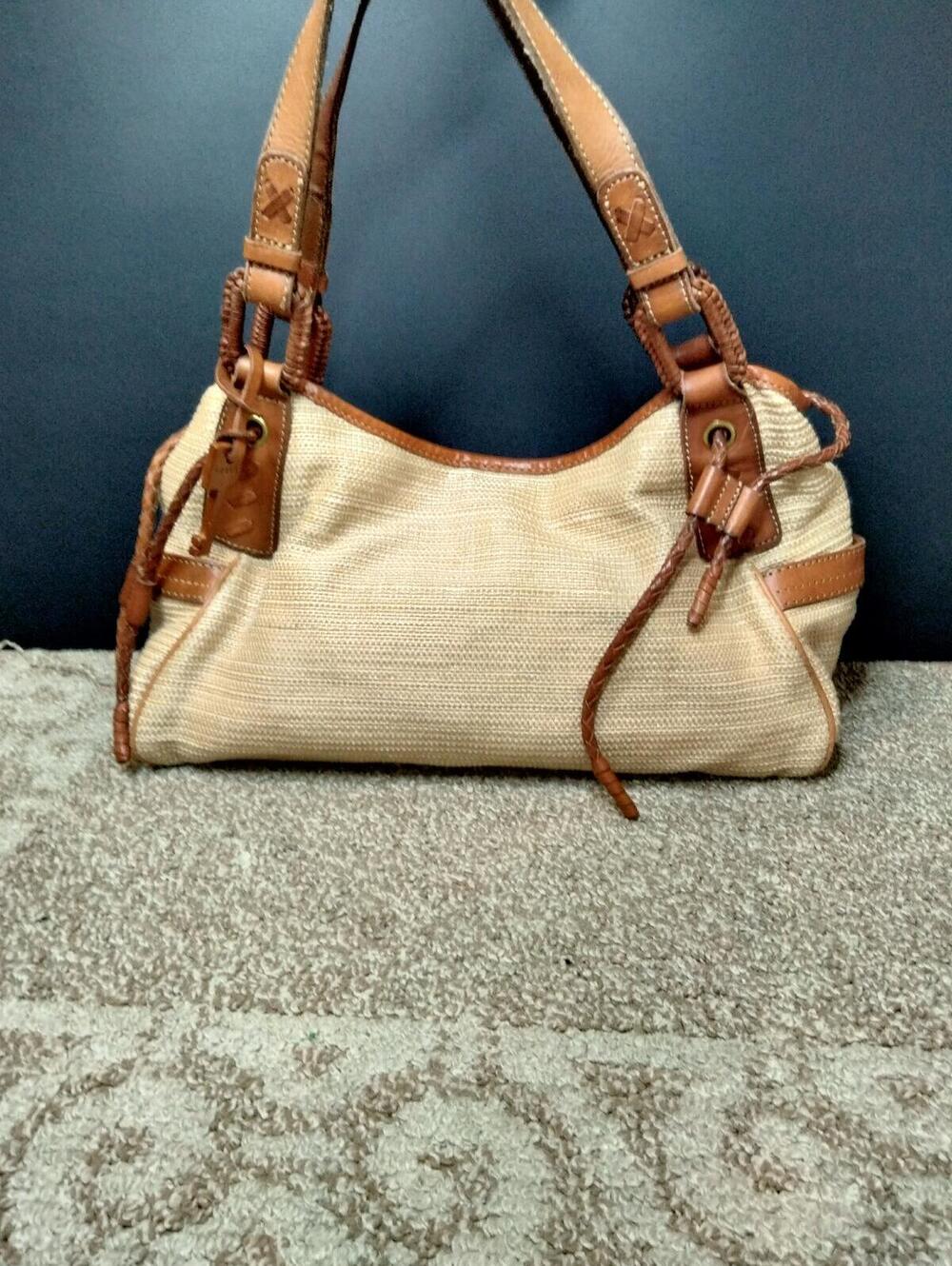 Fossil Vintage Shoulder Bag 1954 Burlap Woven Purse - 75082 - Wood Key